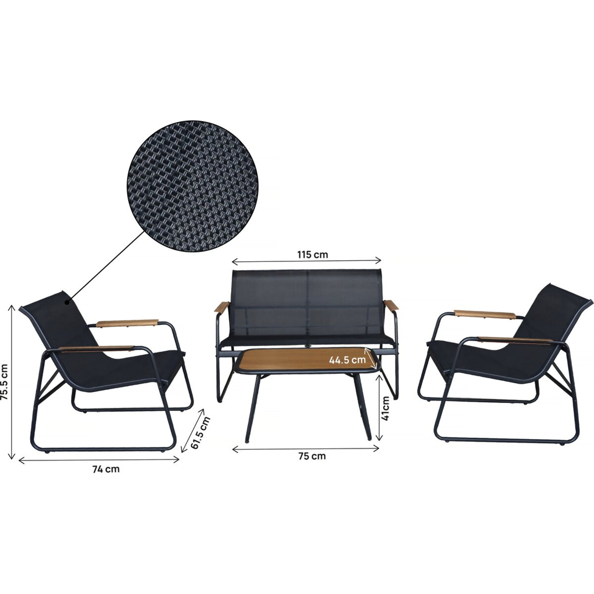 Salon de jardin en métal avec décor imitation bois "Sparta" - 4 places - Noir