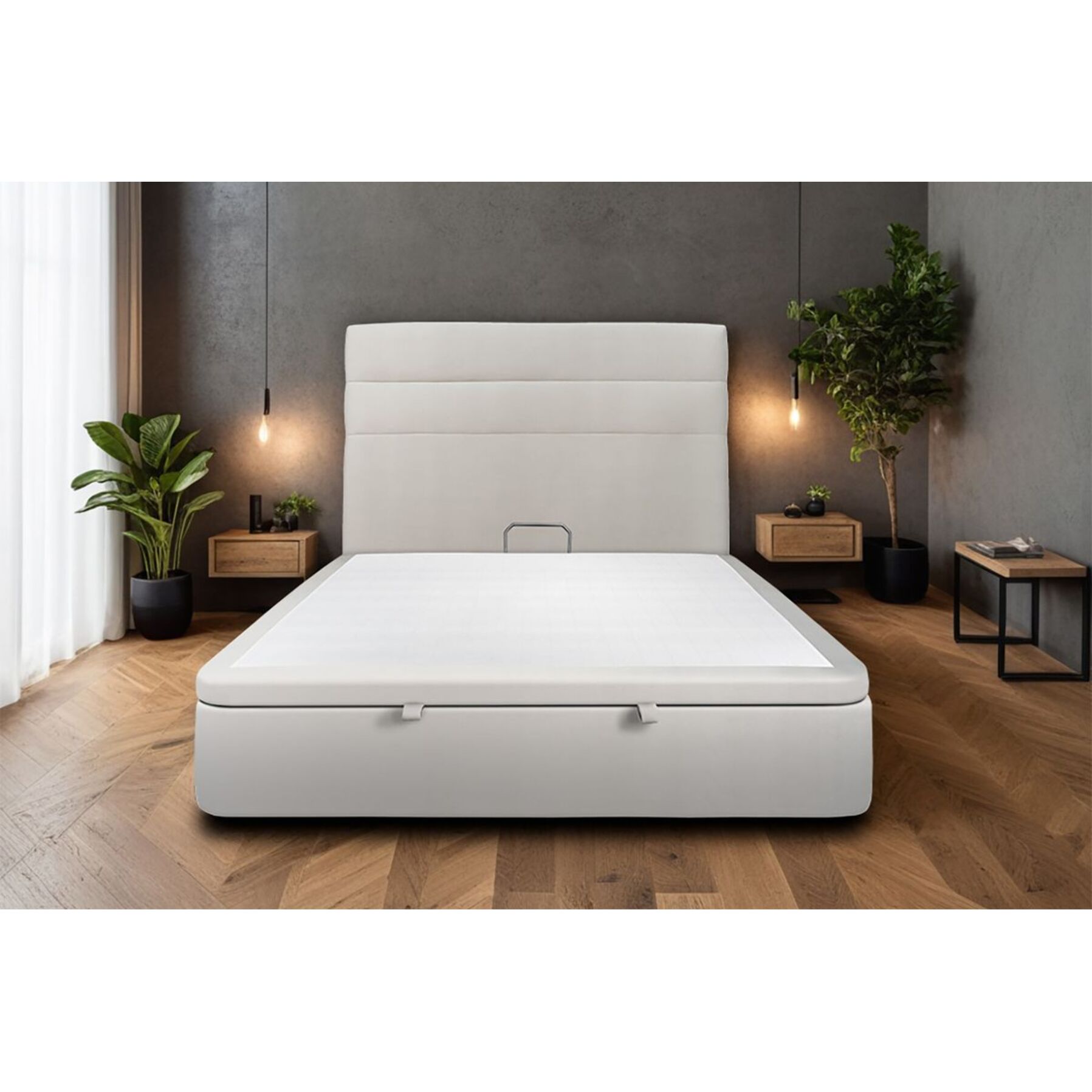 Lit avec sommier et tête de lit à lignes - Tissu velours au style chic - Adapté à tous les matelas, montage rapide - Esprit hôtel - Rangement XXL - Hauteur Totale : 39cm