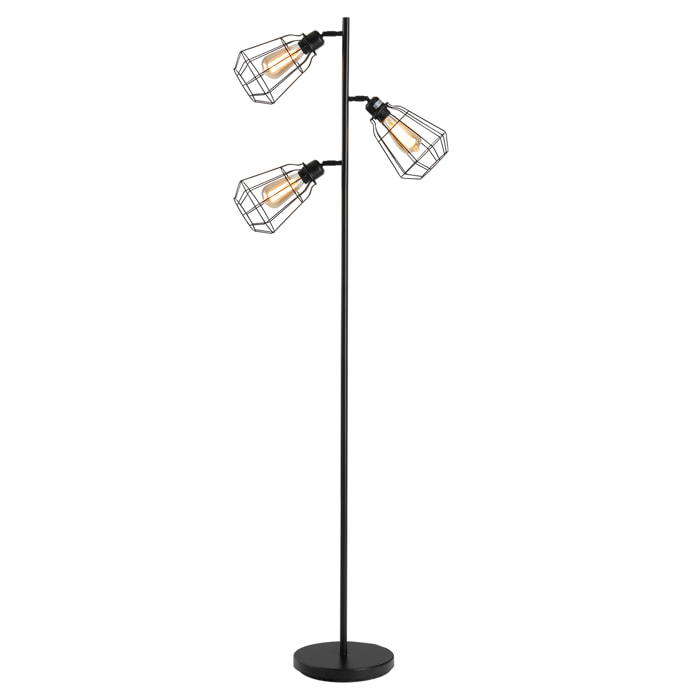 Lampadaire design industriel 3 ampoules max. 40 W abat-jour cage métal noir