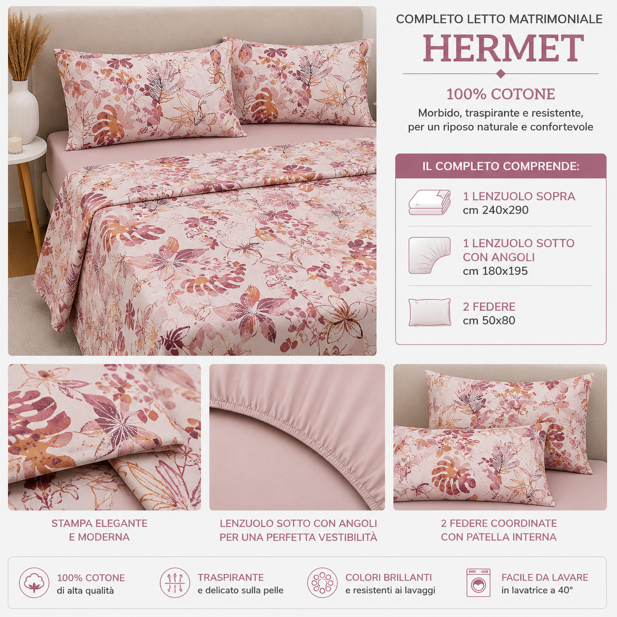 HERMET Completo Letto Matrimoniale Nives Pesca 100% Cotone 240x290 cm