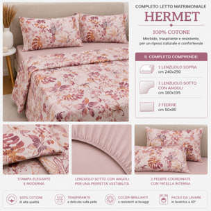 HERMET Completo Letto Matrimoniale Nives Pesca 100% Cotone 240x290 cm