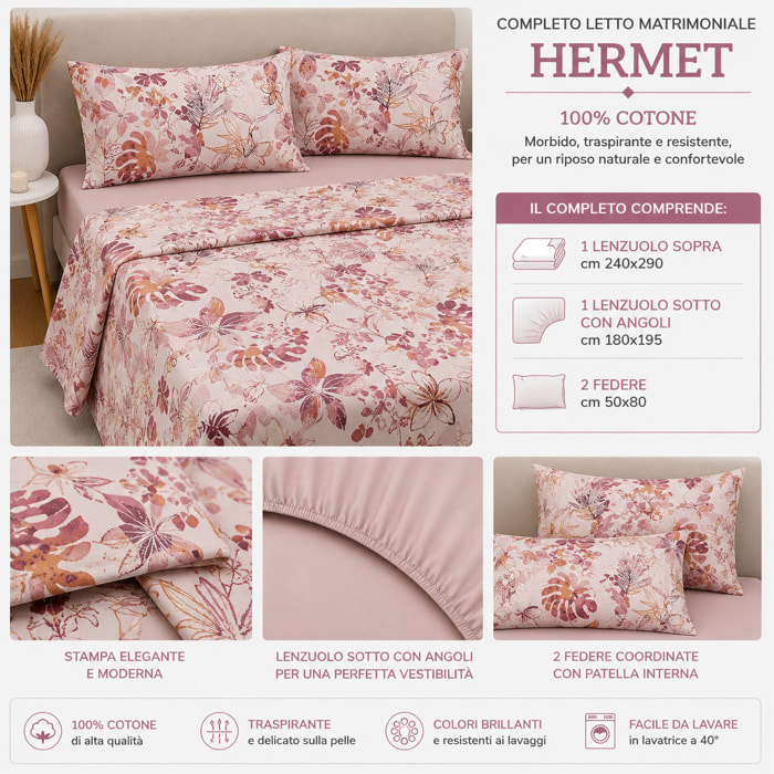 HERMET Completo Letto Matrimoniale Nives Pesca 100% Cotone 240x290 cm