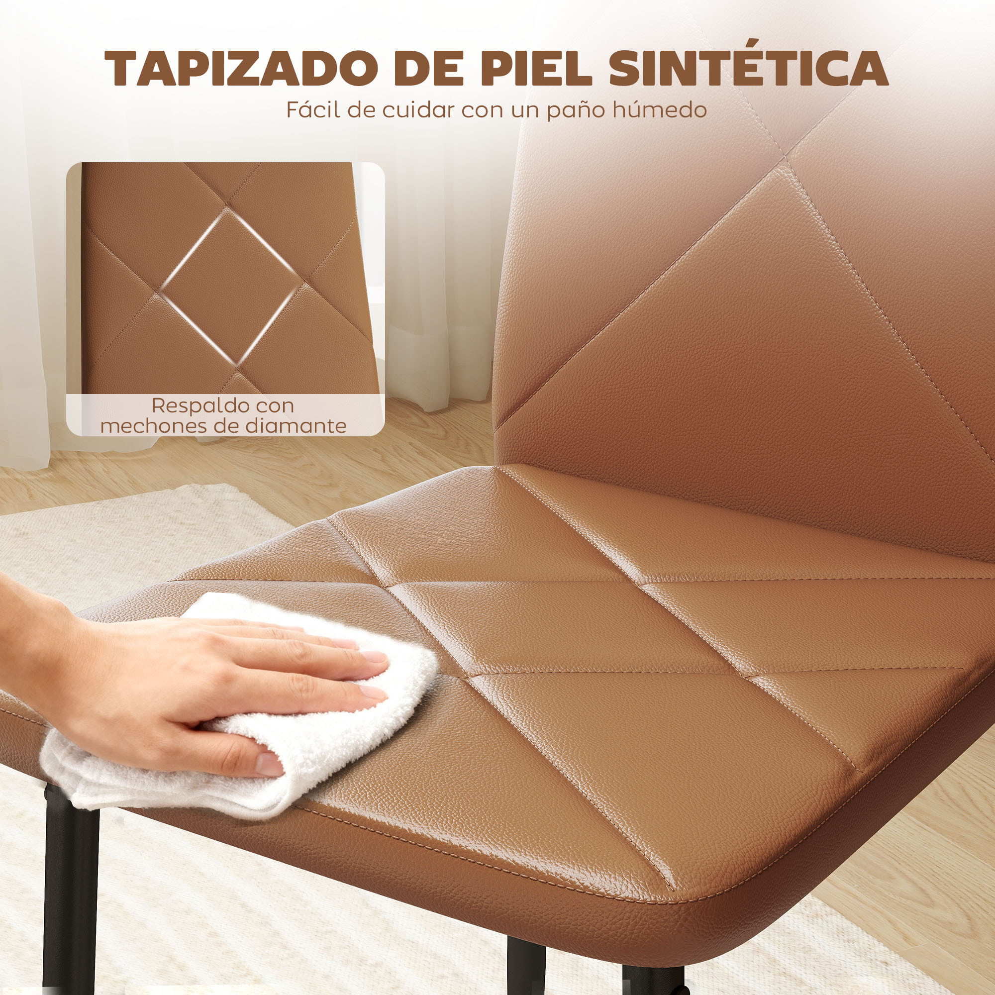 Pack de 4 Sillas de Comedor, Sillas de Cocina Modernas, Tapizadas de Cuero Sintética, Respaldo Alto, Asiento Acolchado, Patas de Acero, Marrón