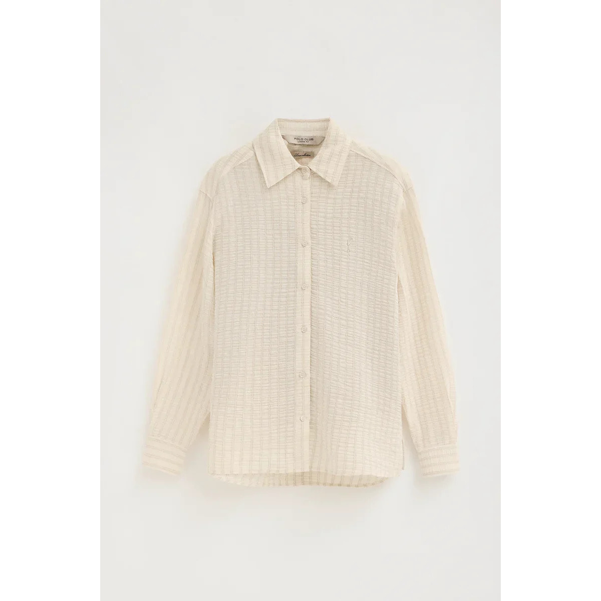 Camisa de rayas beige con efecto arrugado de corte holgado y bordado Rigby Go