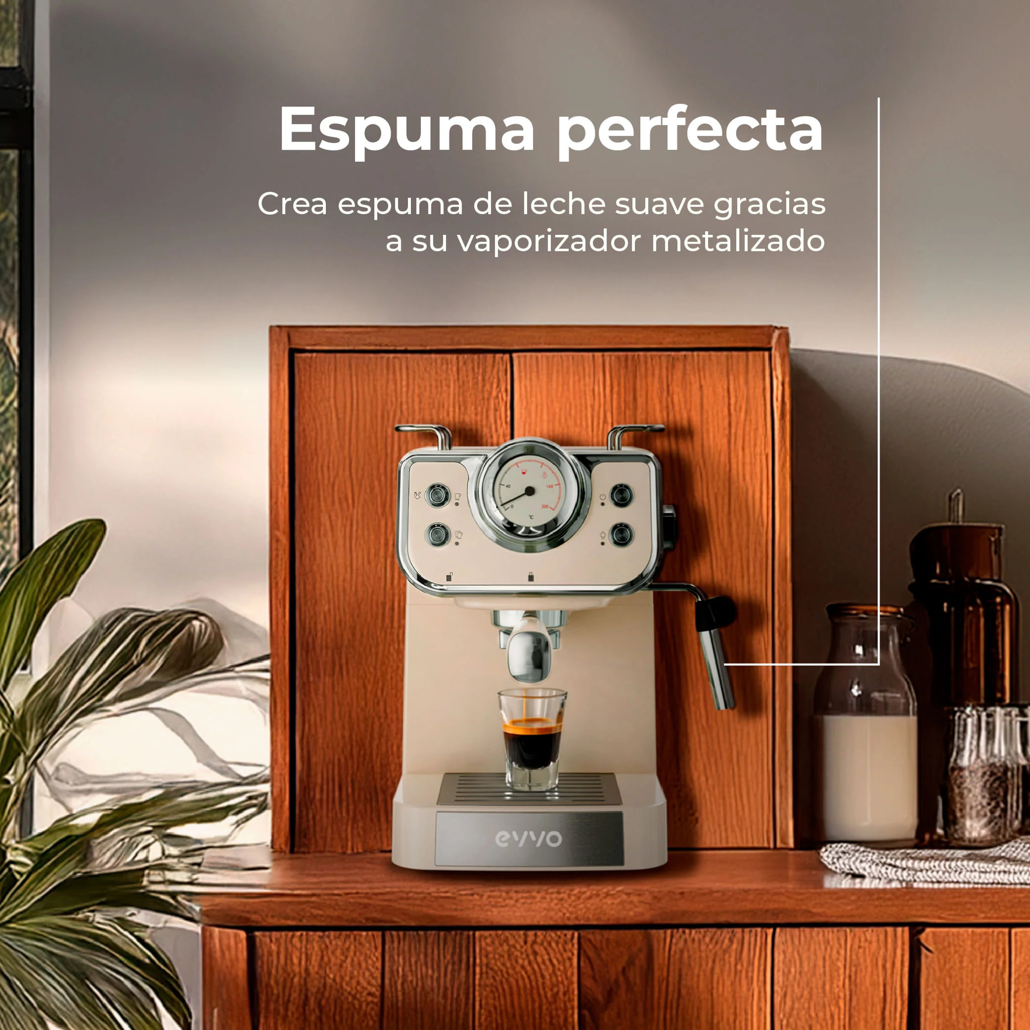 EVVO Cafetera Express Intensa Retro. 15 bares. cuerpo de acero. Espressos y Capuccinos. 950W. Doble salida. Portafiltros. Depósito de 1.5 l. calentamiento rápido
