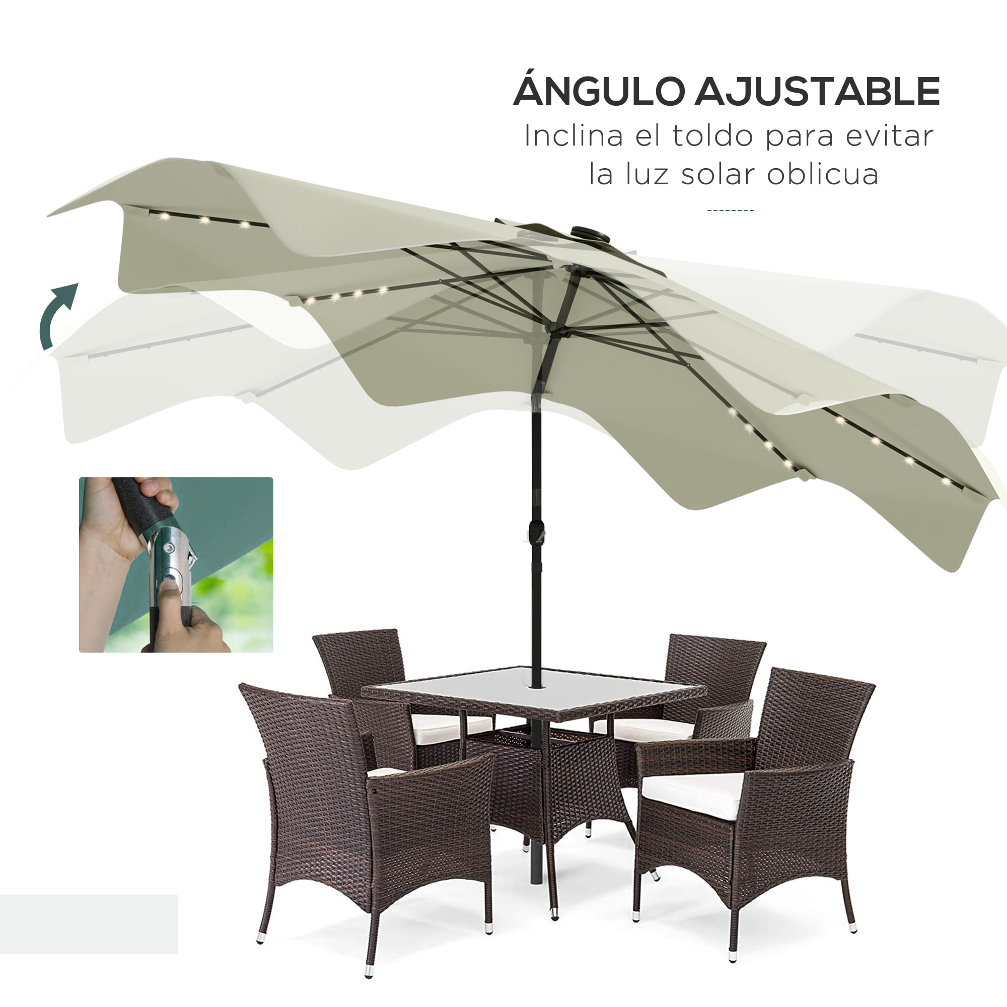 Sombrilla de Jardín Ø292x248 cm Parasol de Terraza Manual con 32 Luces LED Solares 8 Varillas Impermeable y Rejillas de Ventilación para Patio Balcón Crema