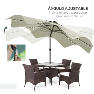 Sombrilla de Jardín Ø292x248 cm Parasol de Terraza Manual con 32 Luces LED Solares 8 Varillas Impermeable y Rejillas de Ventilación para Patio Balcón Crema