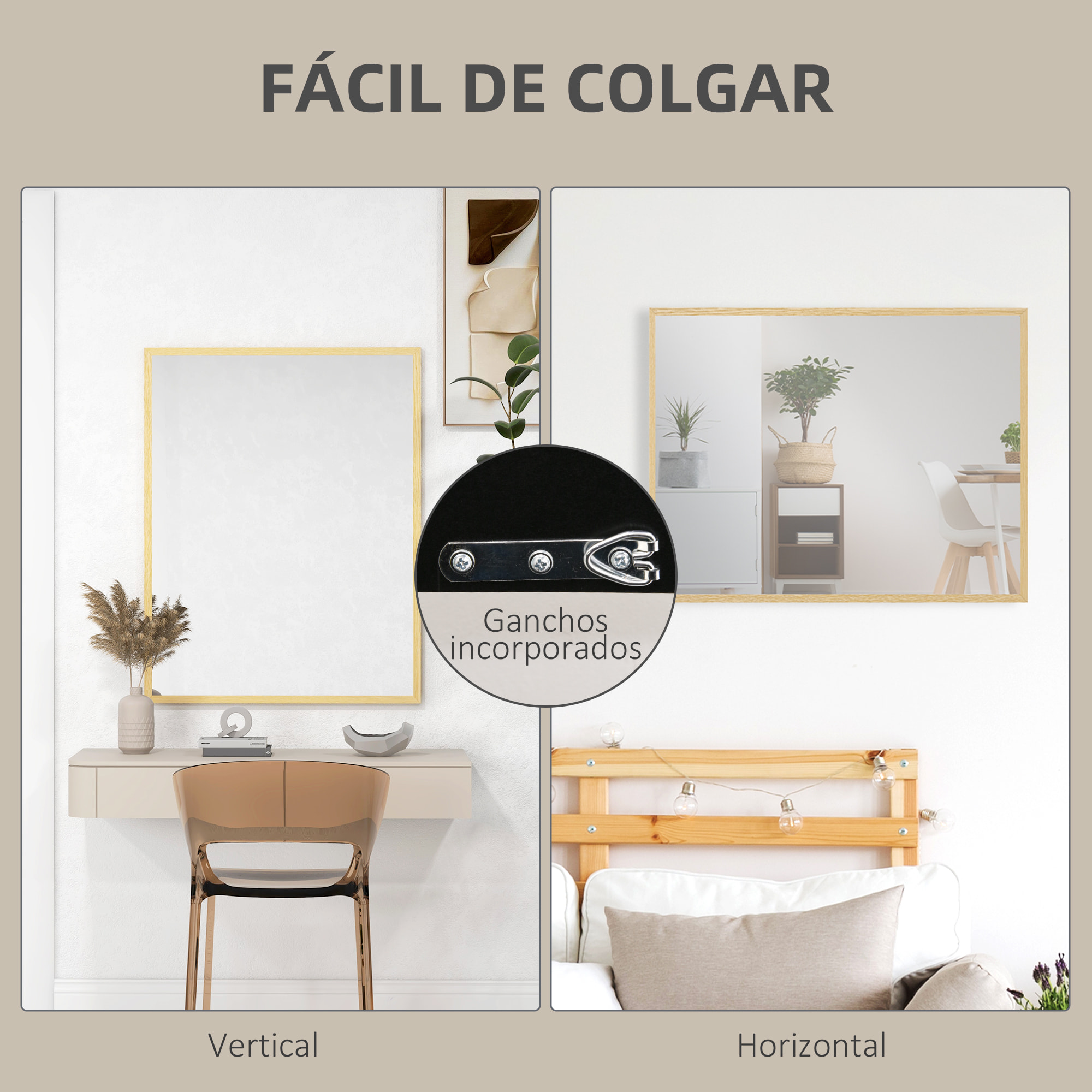 Espejo de Pared, 70x90 cm, Espejo de Baño Rectangular, Decorativo para Salón, Entrada, Pasillo, Horizontal o Vertical, Natural