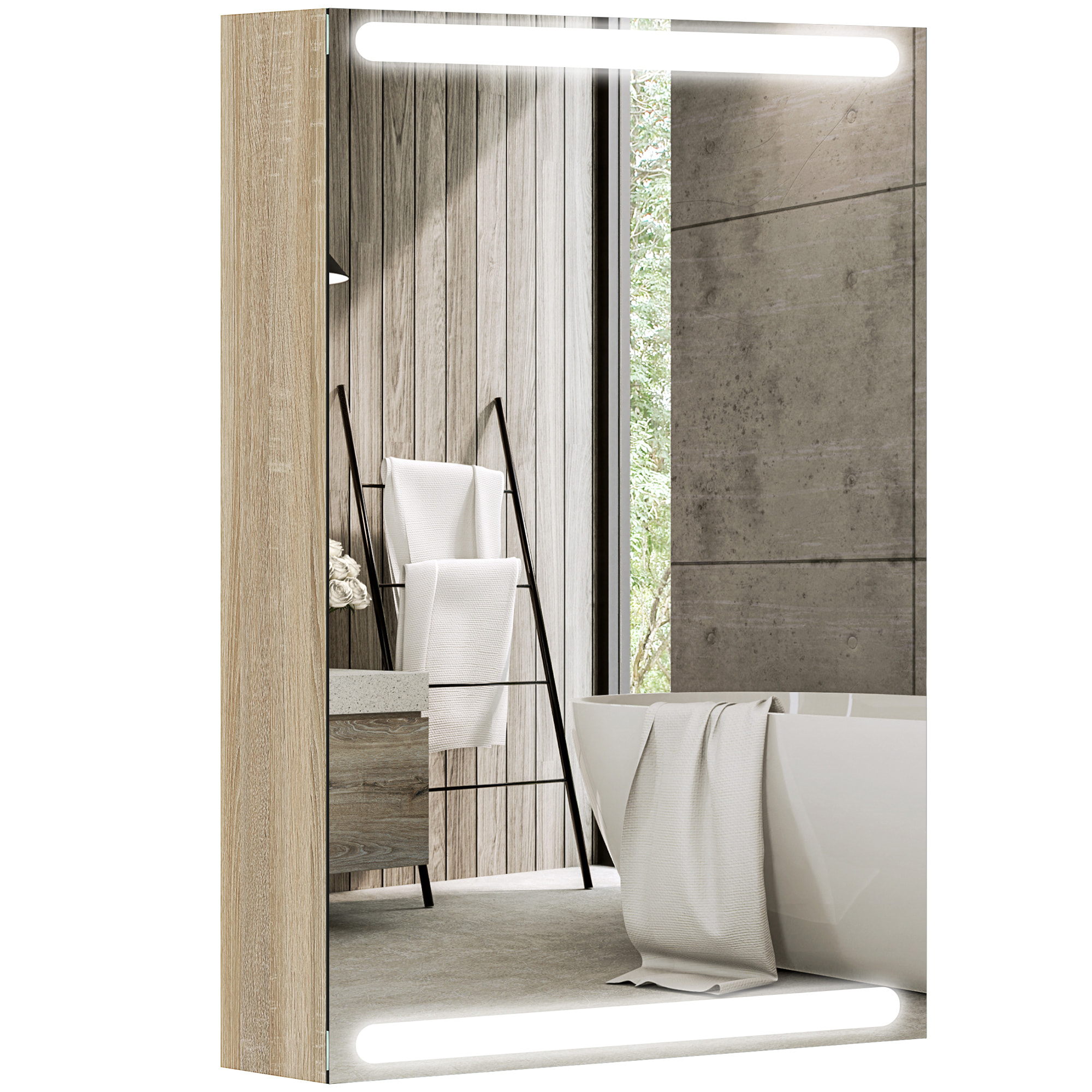 Armoire murale salle de bain  1 porte miroir lumineux LED intégré 50 x 70 cm 2 étagères verre effet bois