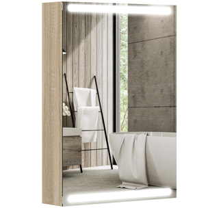 Armoire murale salle de bain  1 porte miroir lumineux LED intégré 50 x 70 cm 2 étagères verre effet bois