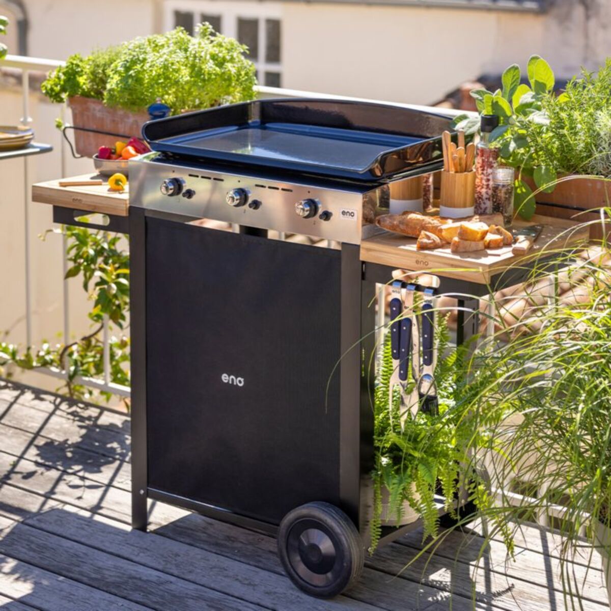 Plancha gaz ENO Combo Initial 65 Inox 3 bruleurs sur chariot, 62x36 cm