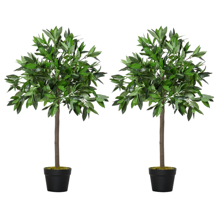 Outsunny 2 Plantas Artificiales de 90 cm de Altura Árboles de Laurel Decorativos con Maceta para Hogar Salón Uso en Interiores y Exteriores Verde