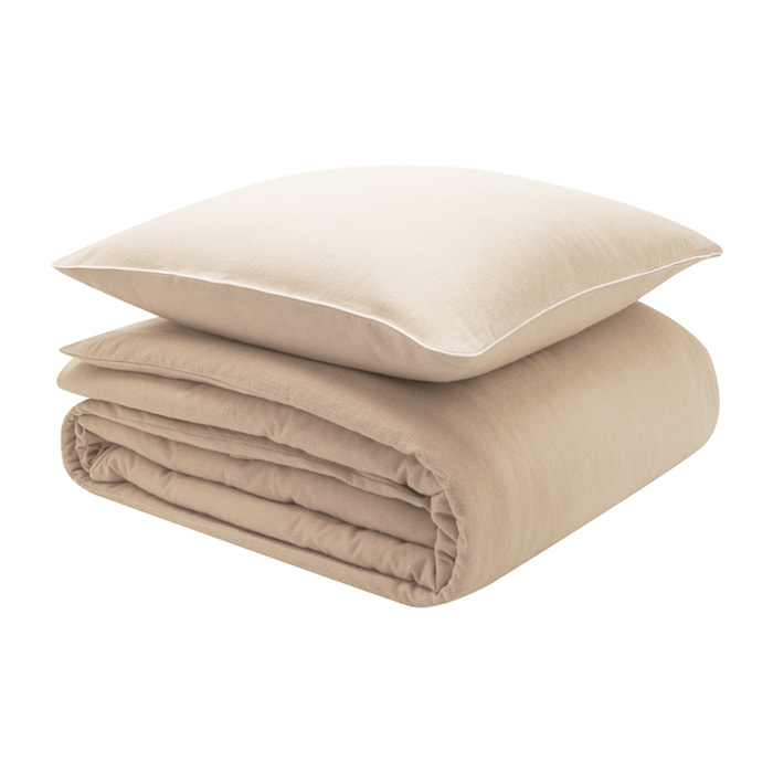 Parure de lit Housse de couette + Taies carrées unie en flanelle de coton chamfray, FRISSON, Beige Sésame