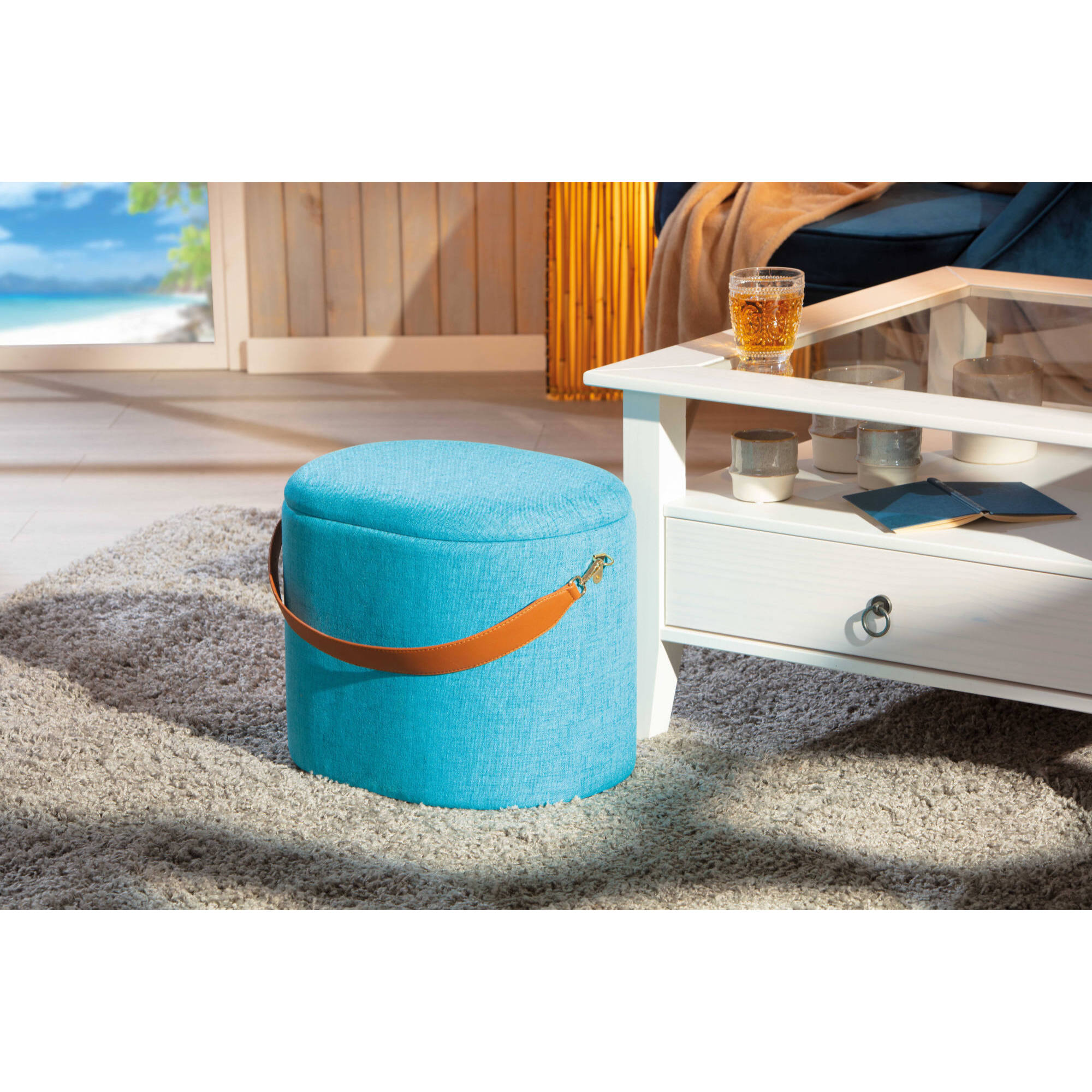 Pouf in tessuto con maniglia in ecopelle, 42 x 36 x 30, Azzurro