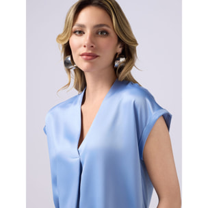 Oltre - T-shirt bimaterica scollo a V - Azzurro