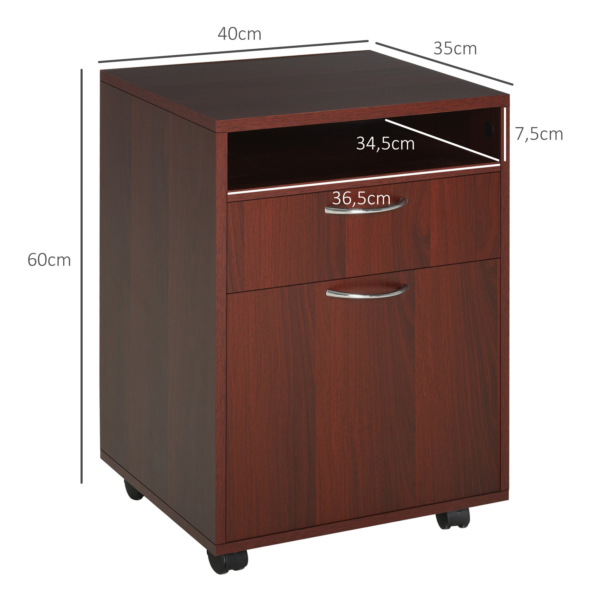 Cajonera de Escritorio con Ruedas, Cajonera de Oficina con Cajón, Compartimento, Puerta, Archivador Móvil para Estudio, Salón, 40x35x60 cm, Café Oscuro