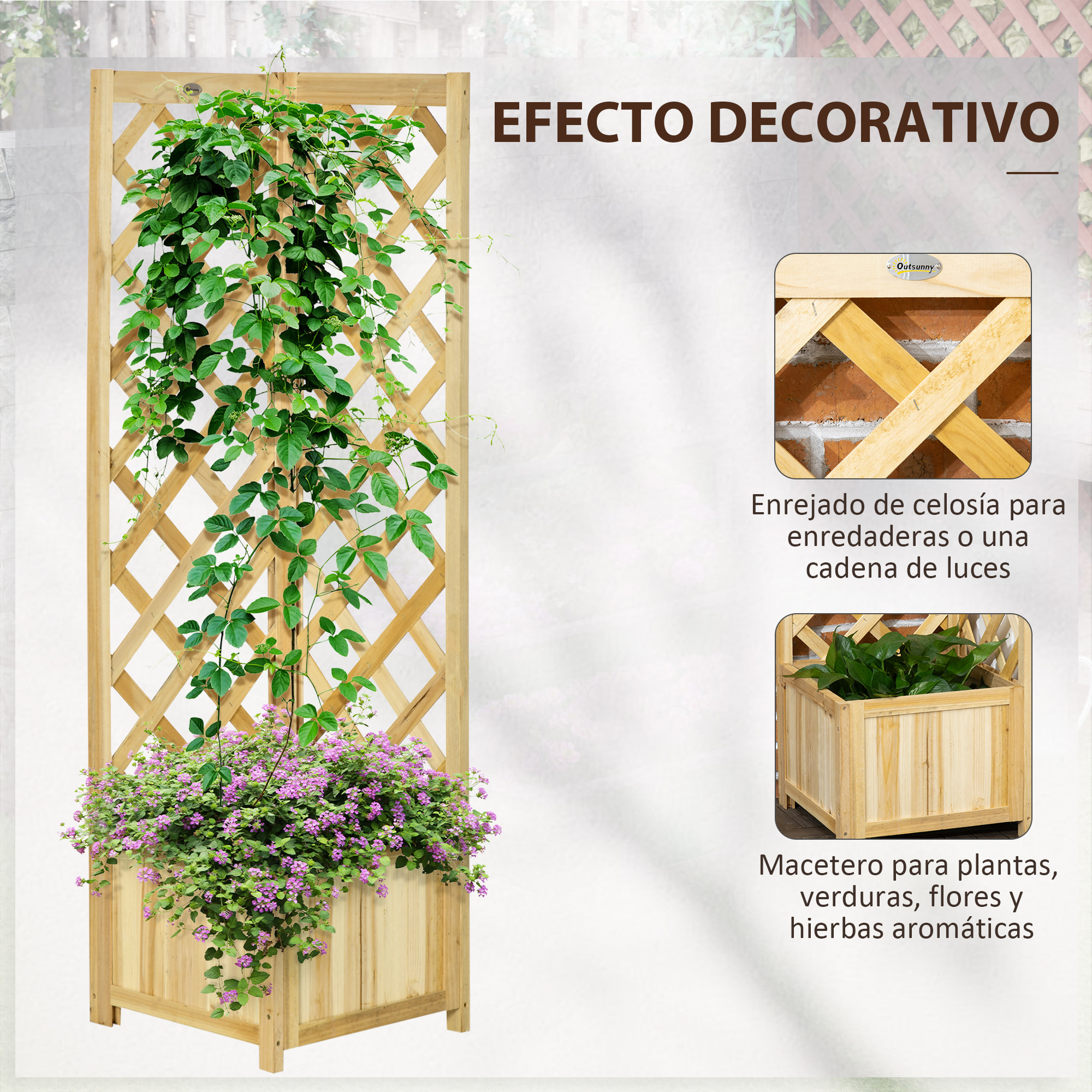 Jardinera con Enrejado de Madera Macetero Exterior para Esquina Jardinera Elevada para Plantas Trepadoras en Patio Terraza 40x40x145 cm Natural