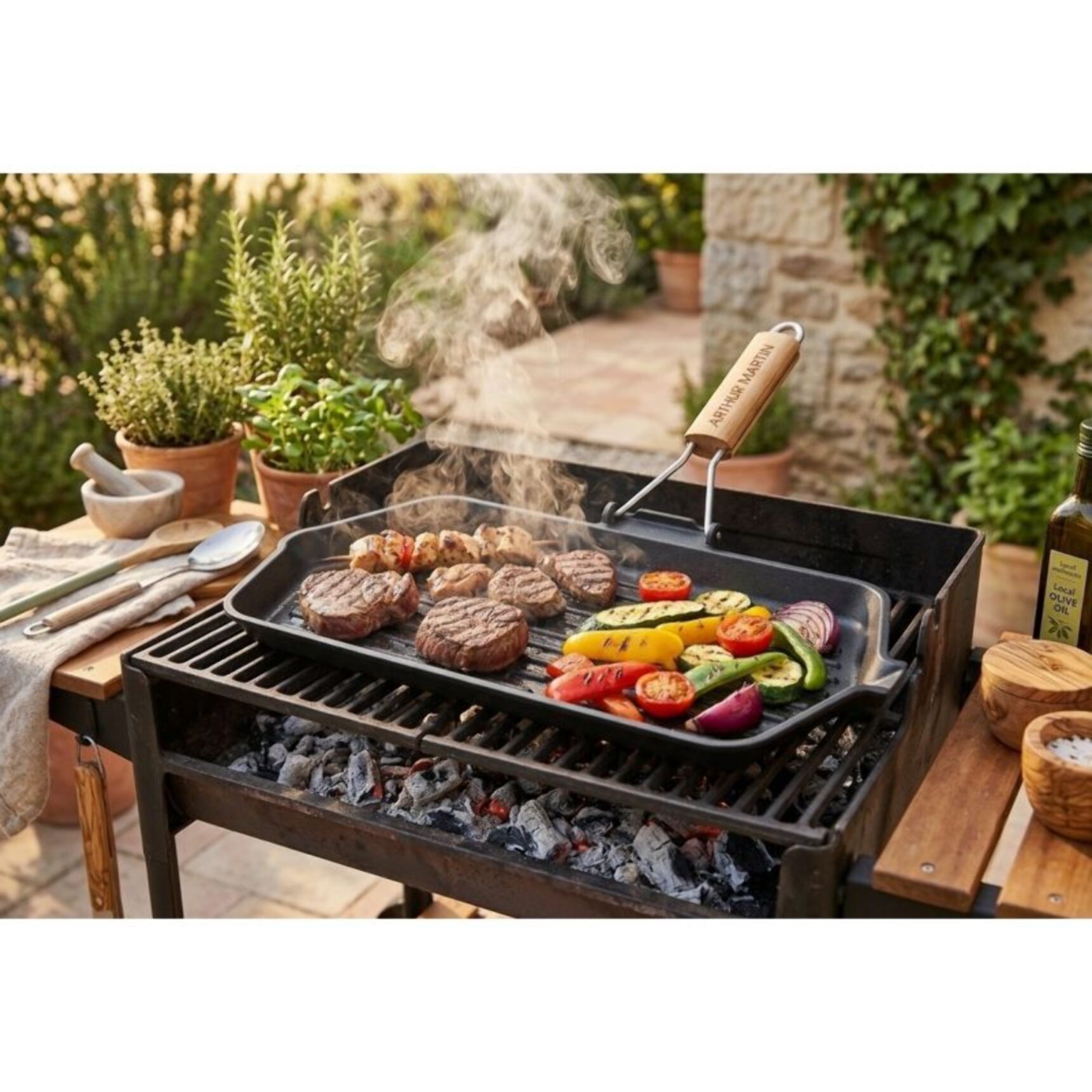 Poêle Grill poignée en Bois 34cm Fonte d'acier tous feux dont induction four Noir Arthur Martin AM4418