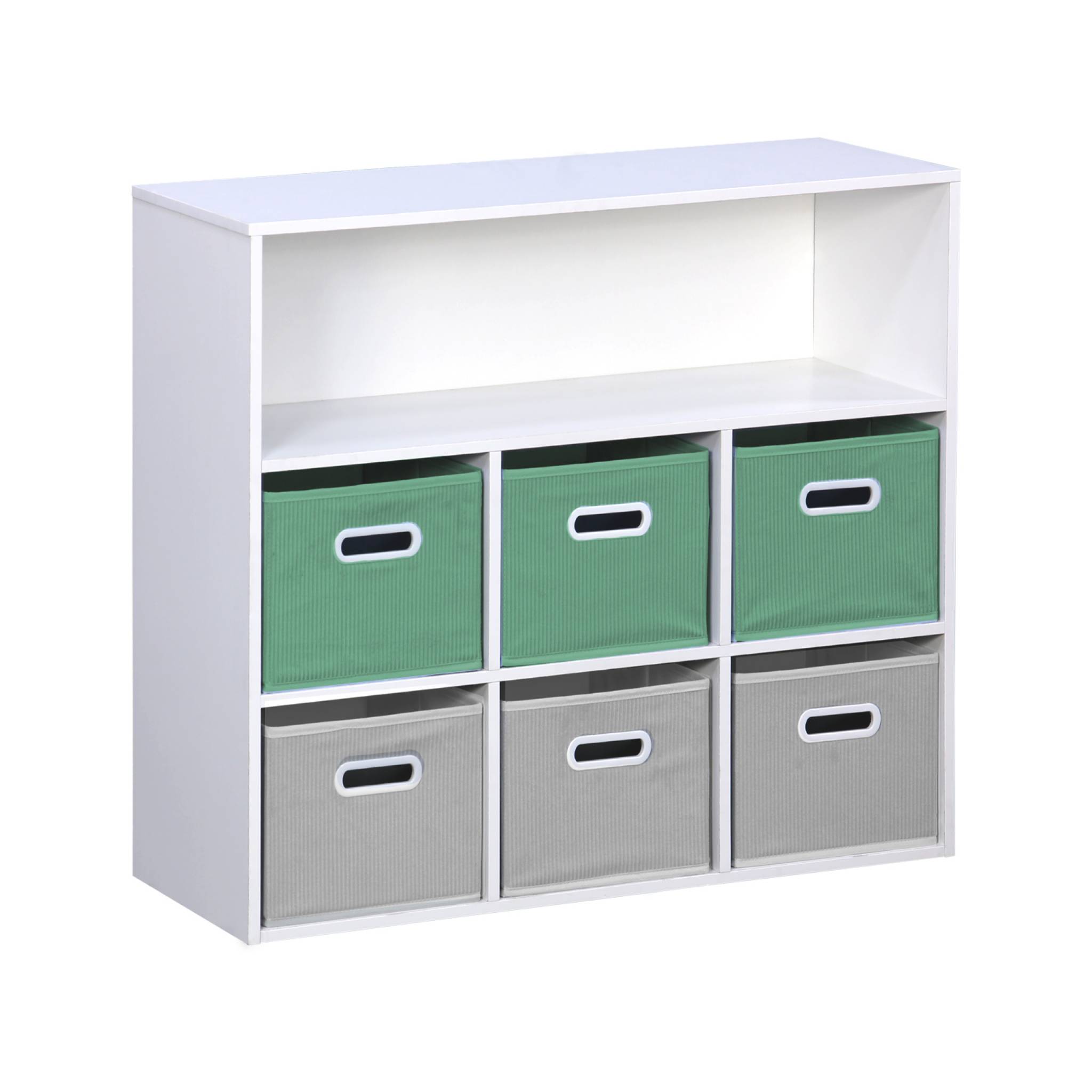 Meuble de rangement pour enfant avec 7 compartiments et 3 paniers verts et 3 paniers gris velours