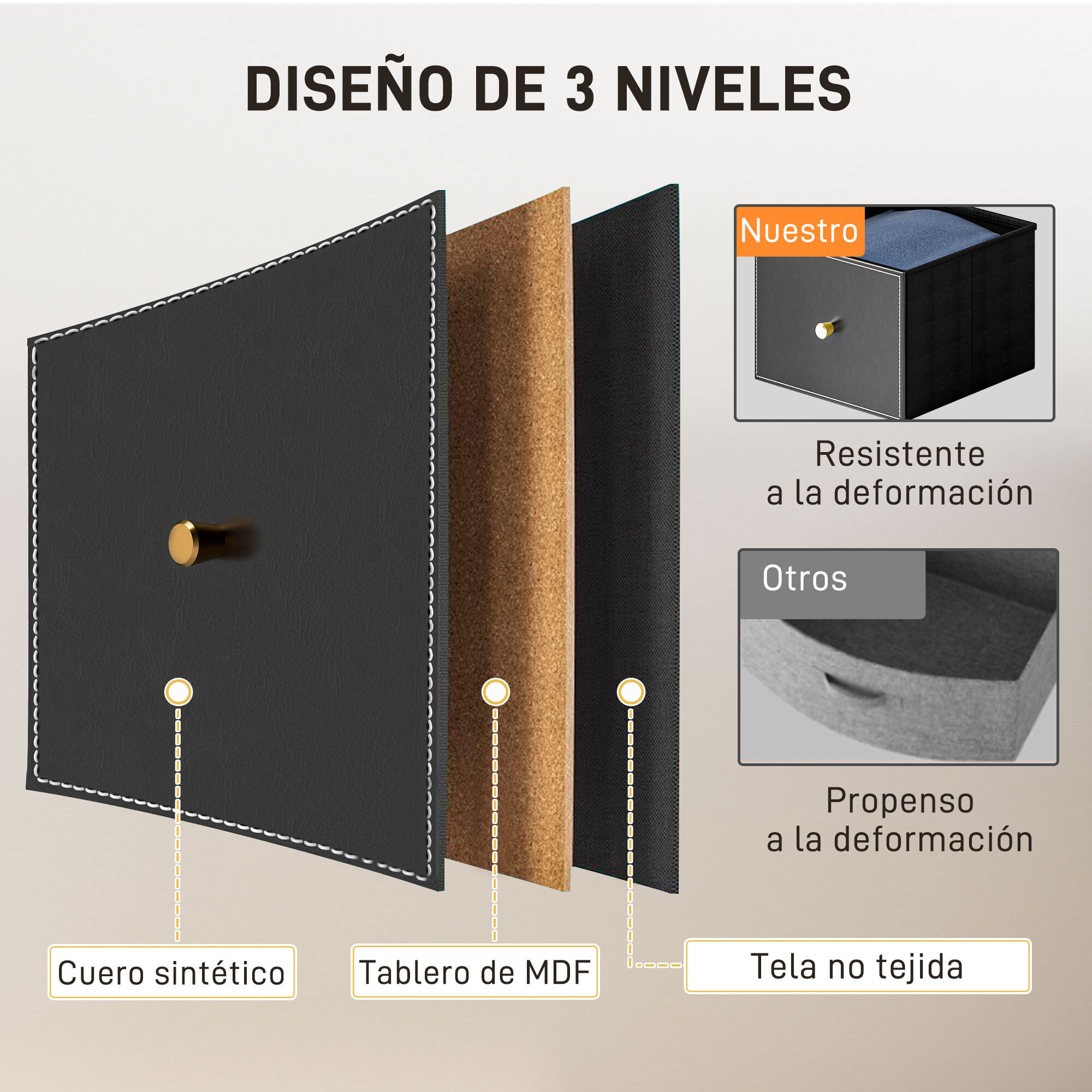 Cómoda para Dormitorio Cajonera de Tela con 9 Cajones Plegables con Frentes de PU y Marco de Acero Cajonera para Dormitorio Salón Negro