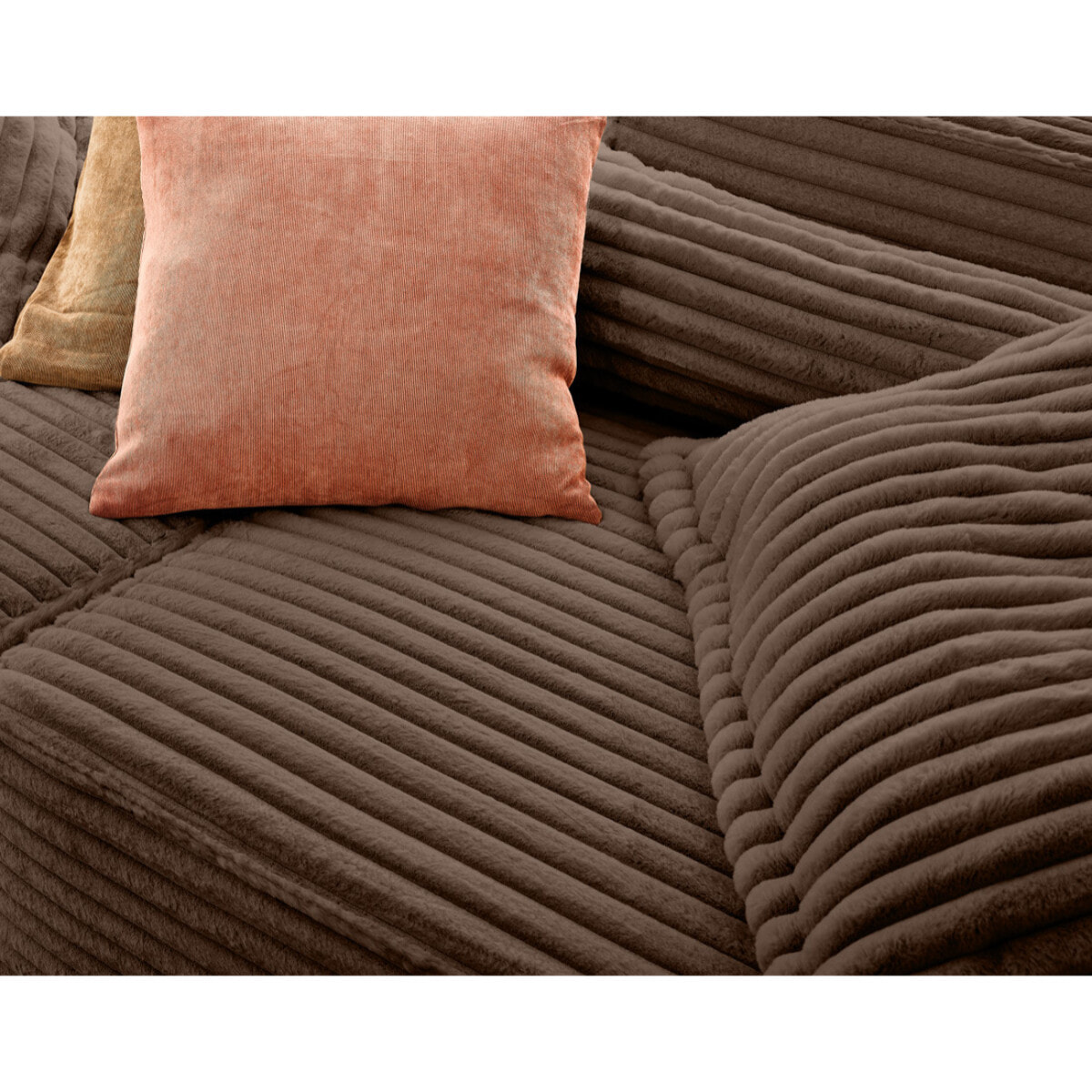 Richie - canapé droit 3 places avec double méridienne - assise profonde - en fausse fourrure côtelée - Marron