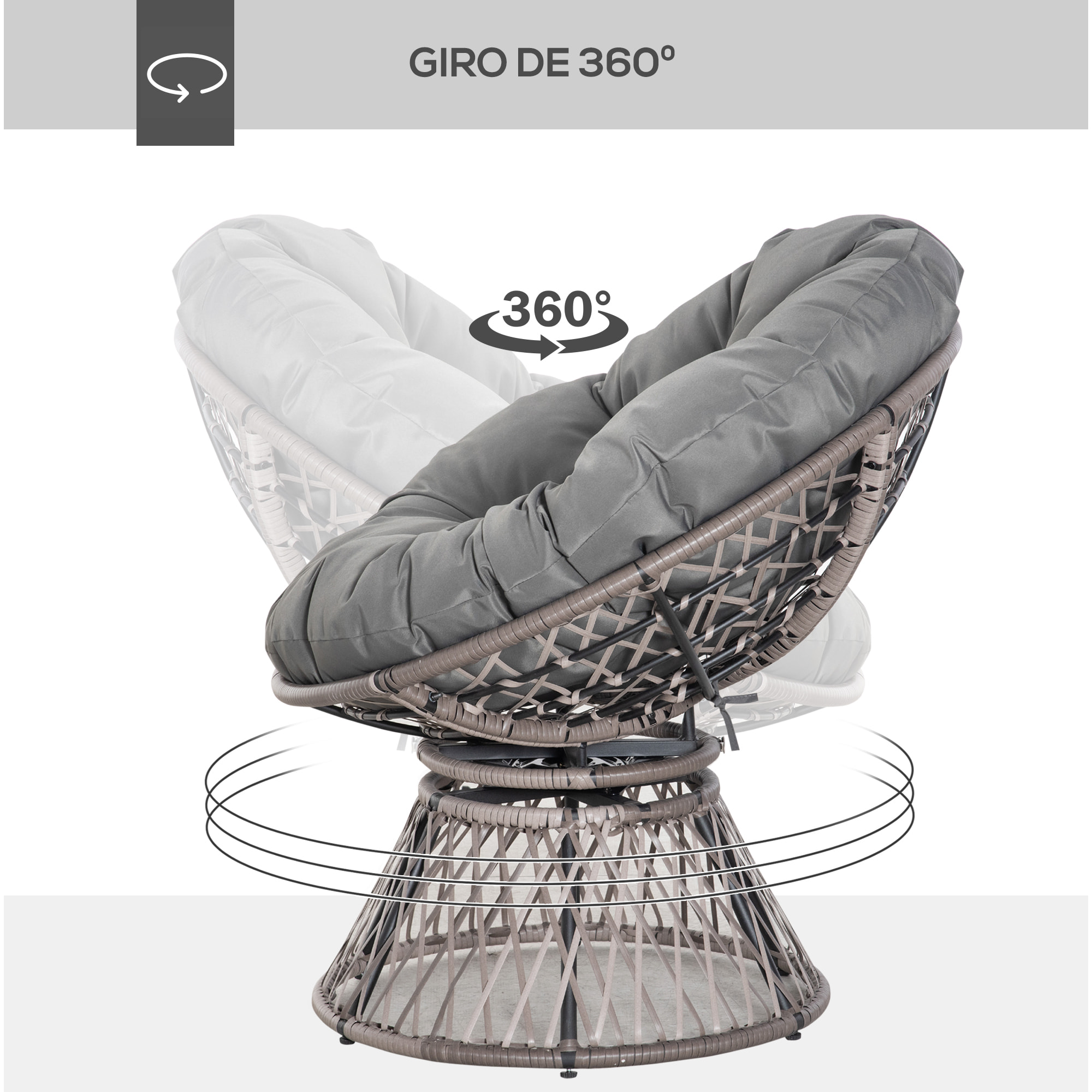Sillón Papasan Giratorio de Ratán Sintético Silla Ovalada de Mimbre PE con Cojín y Marco de Acero Carga 160 kg para Jardín Patio Terraza 87x97x86 cm Gris