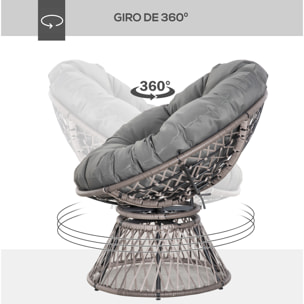 Sillón Papasan Giratorio de Ratán Sintético Silla Ovalada de Mimbre PE con Cojín y Marco de Acero Carga 160 kg para Jardín Patio Terraza 87x97x86 cm Gris