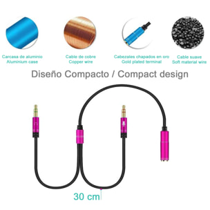 Convertitore splitter mini-jack (femmina) a doppio mini-jack maschio (microfono e altoparlante). Utilizza cuffie con microfono incorporato e mini-jack semplice sul tuo PC.