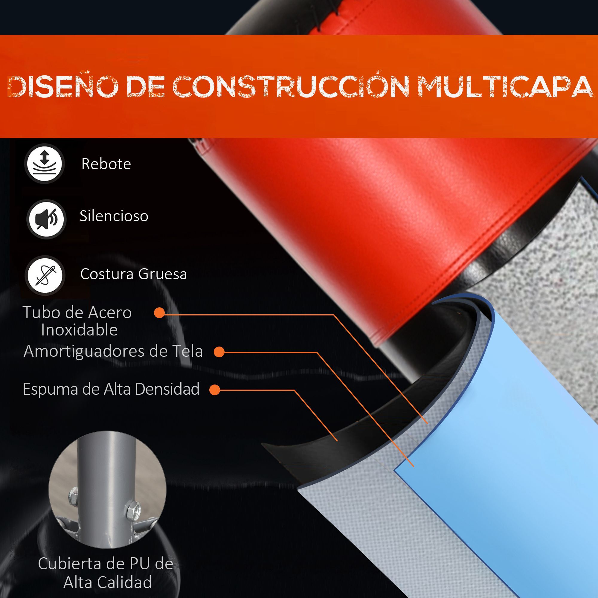 Saco de Boxeo de Pie PU EPE HDPE 60x180 cm Negro y Rojo