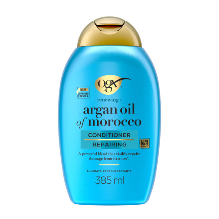 OGX Après-Shampooing Réparateur Huile d'Argan du Maroc, 385ml – Soin capillaire pour cheveux secs et abîmés – Après-shampoing sa