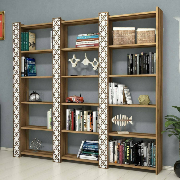 Libreria Vele, Scaffale da ufficio, Mobile portalibri, Biblioteca, 185x24h170 cm, Noce e Bianco