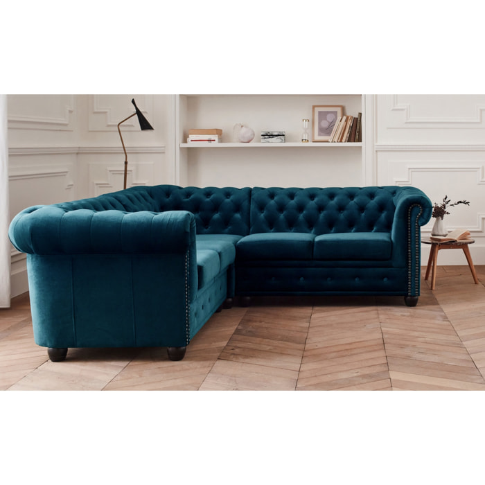 William - canapé Chesterfield d'angle réversible - 5 places - en velours - Bleu canard