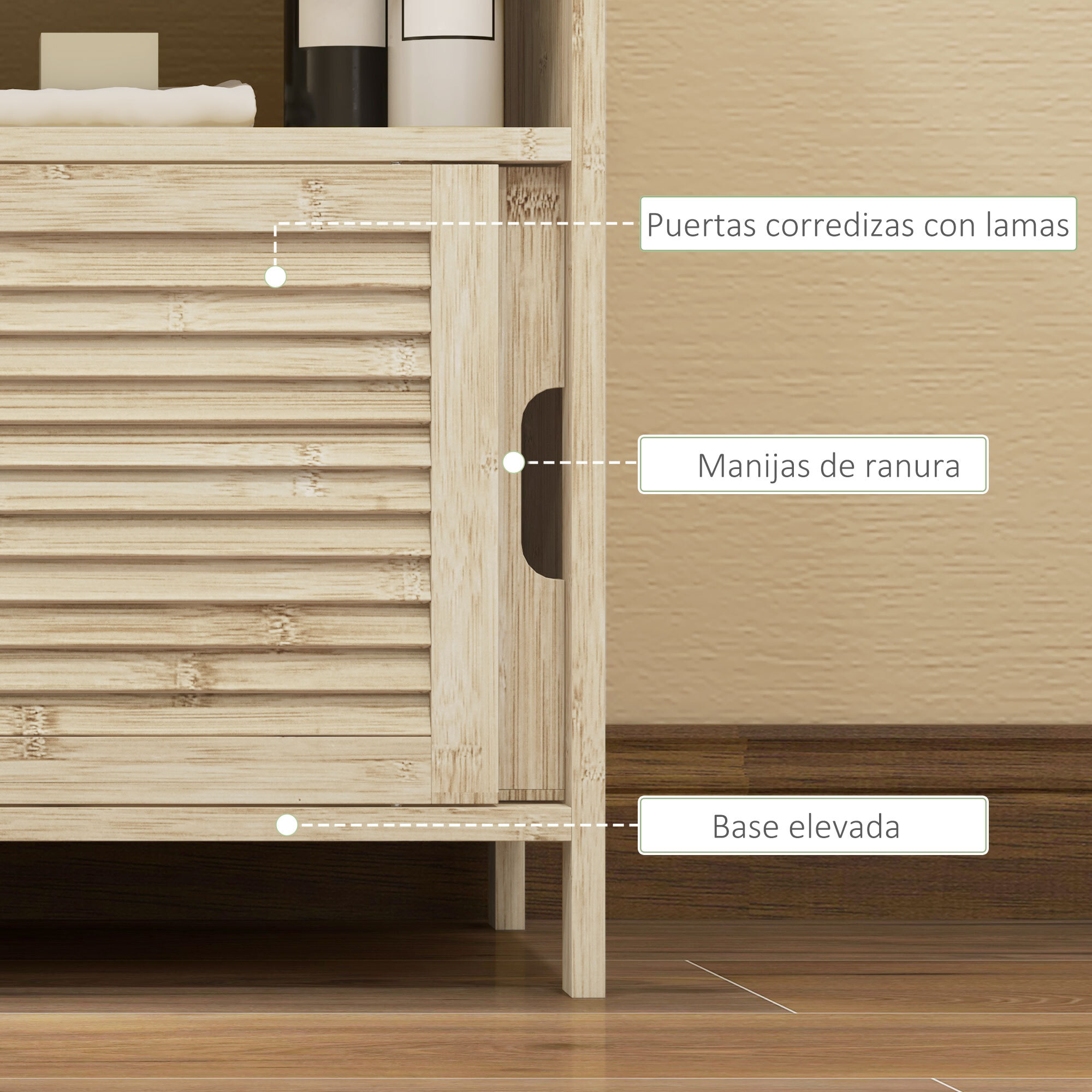 Mueble Bajo Lavabo de Bambú, Armario Debajo de Lavabo con Puertas Correderas de Lamas, Compartimento Abierto, Estilo Moderno, 60x30x60 cm, Natural