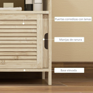 Mueble Bajo Lavabo de Bambú, Armario Debajo de Lavabo con Puertas Correderas de Lamas, Compartimento Abierto, Estilo Moderno, 60x30x60 cm, Natural