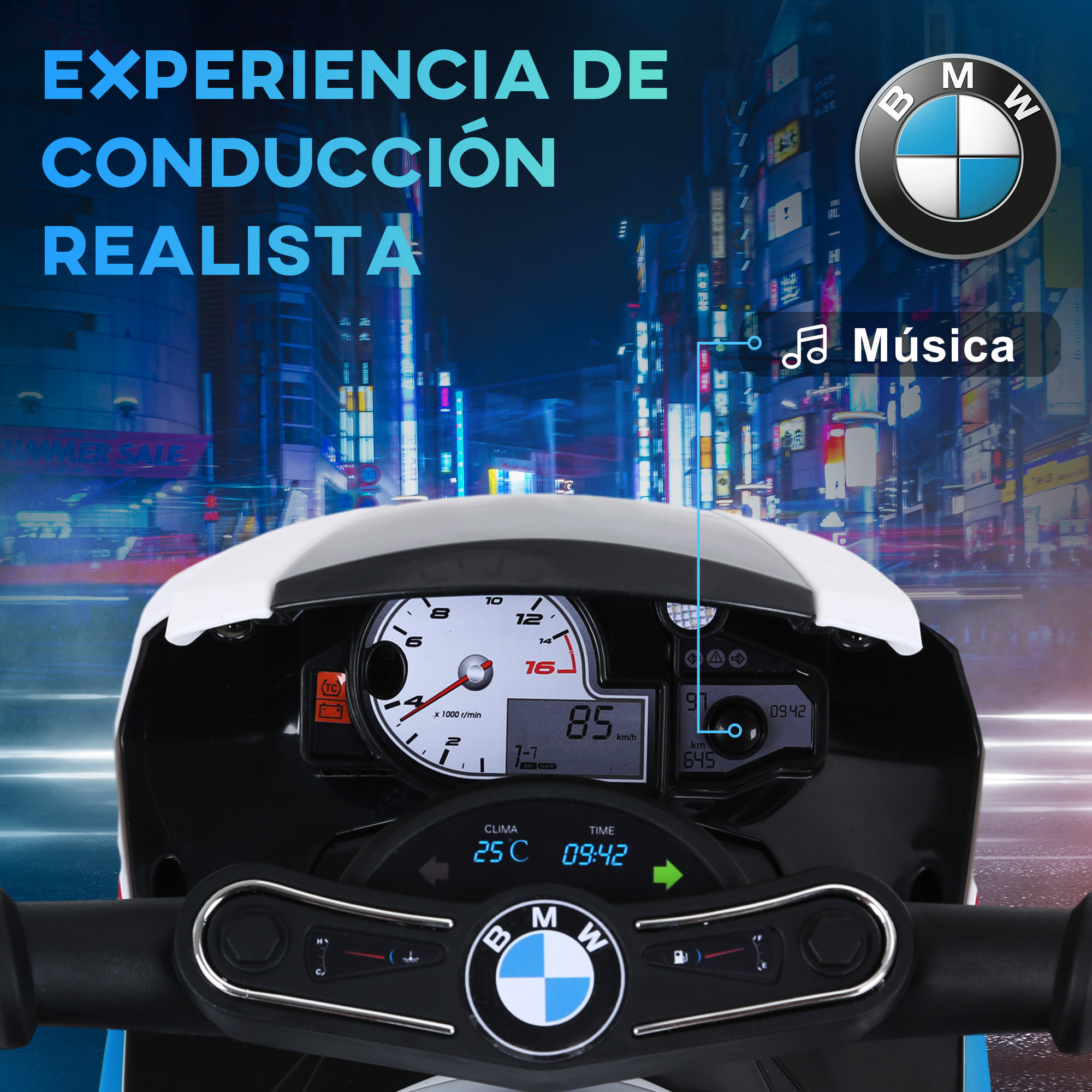 Moto Eléctrica para Niños de 18-36 Meses con Licencia BMW S1000RR Motocicleta de Batería 6V Moto Infantil con Música Carga 20 kg Azul