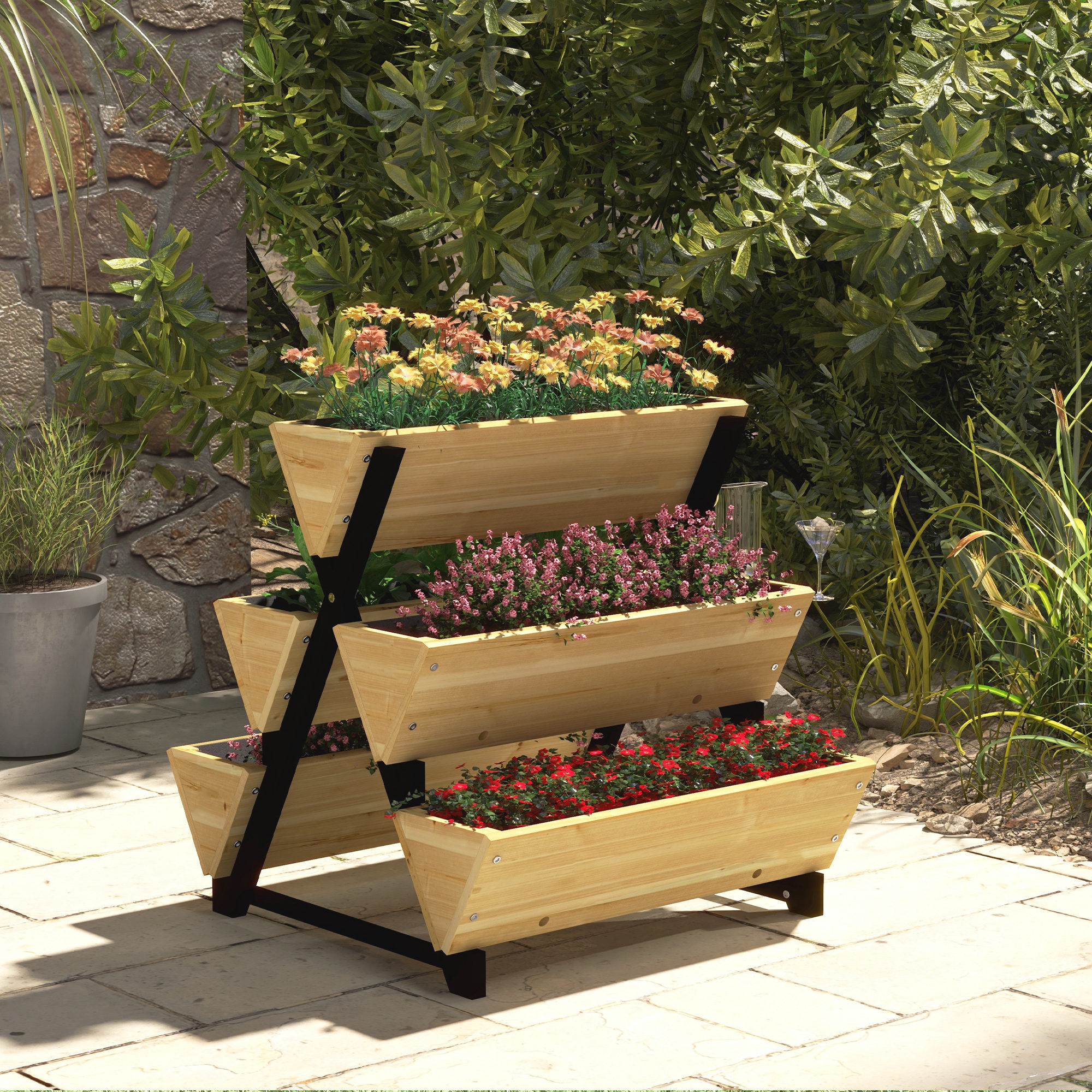 Jardinière escalier 5 bacs design - dim. 75L x 78lx 77H cm - bois sapin pré-huilé noir
