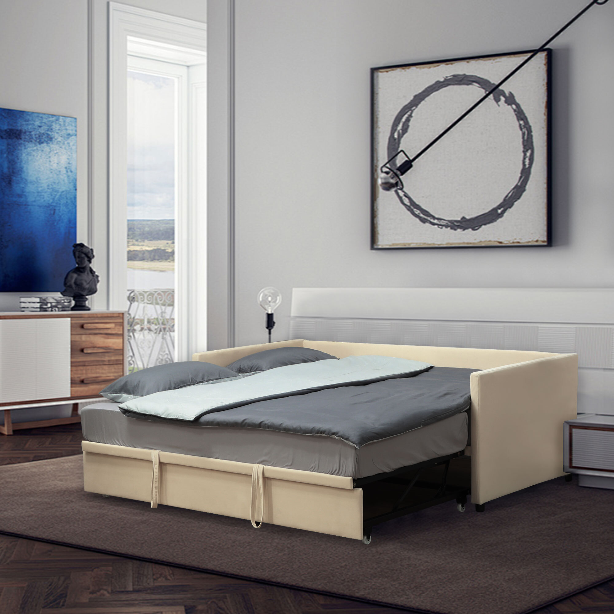 Cama Nido Tipo Diván 2 en 1 con Base Metálica Tapizado Suave y Cama Inferior Extraíble con Ruedas para Colchones de 90x190 cm Beige