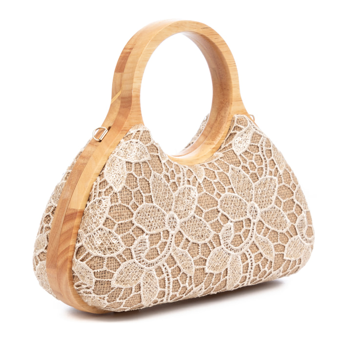 Avisio borsa a mano realizzata in legno naturale, cotone e juta con design a rete in tessuto floreale
