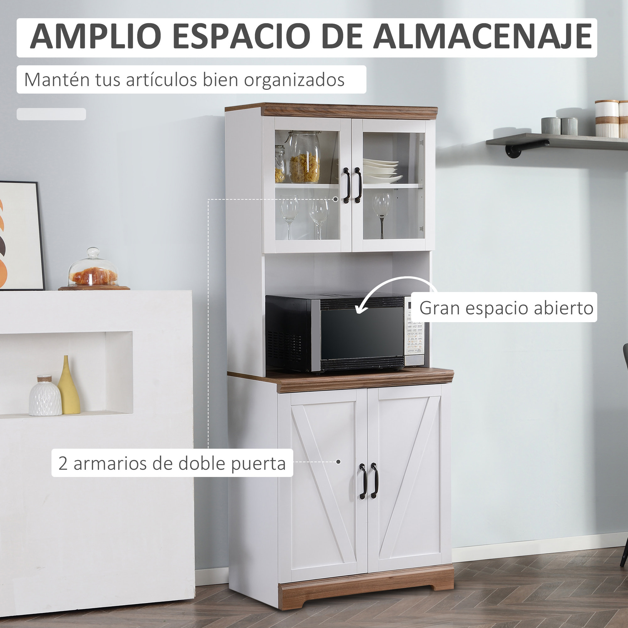 Aparador Alacena de Cocina Mueble Auxiliar con 2 Puertas de Vidrio Baldas Ajustables Estante Abierto y Armario para Comedor Salón Antivuelco 72x40x178 cm Blanco