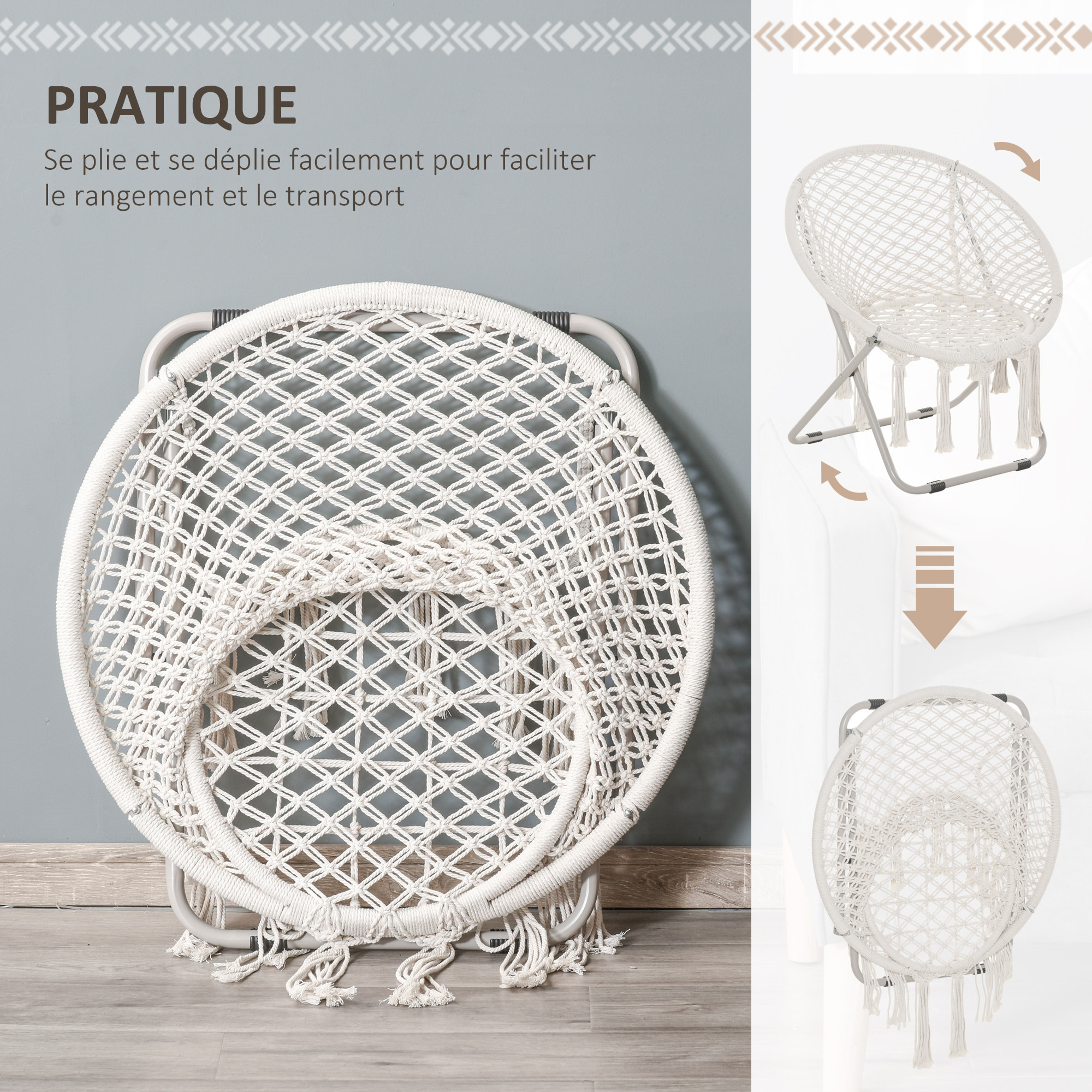 Loveuse fauteuil rond de jardin fauteuil lune papasan pliable grand confort macramé coton polyester beige