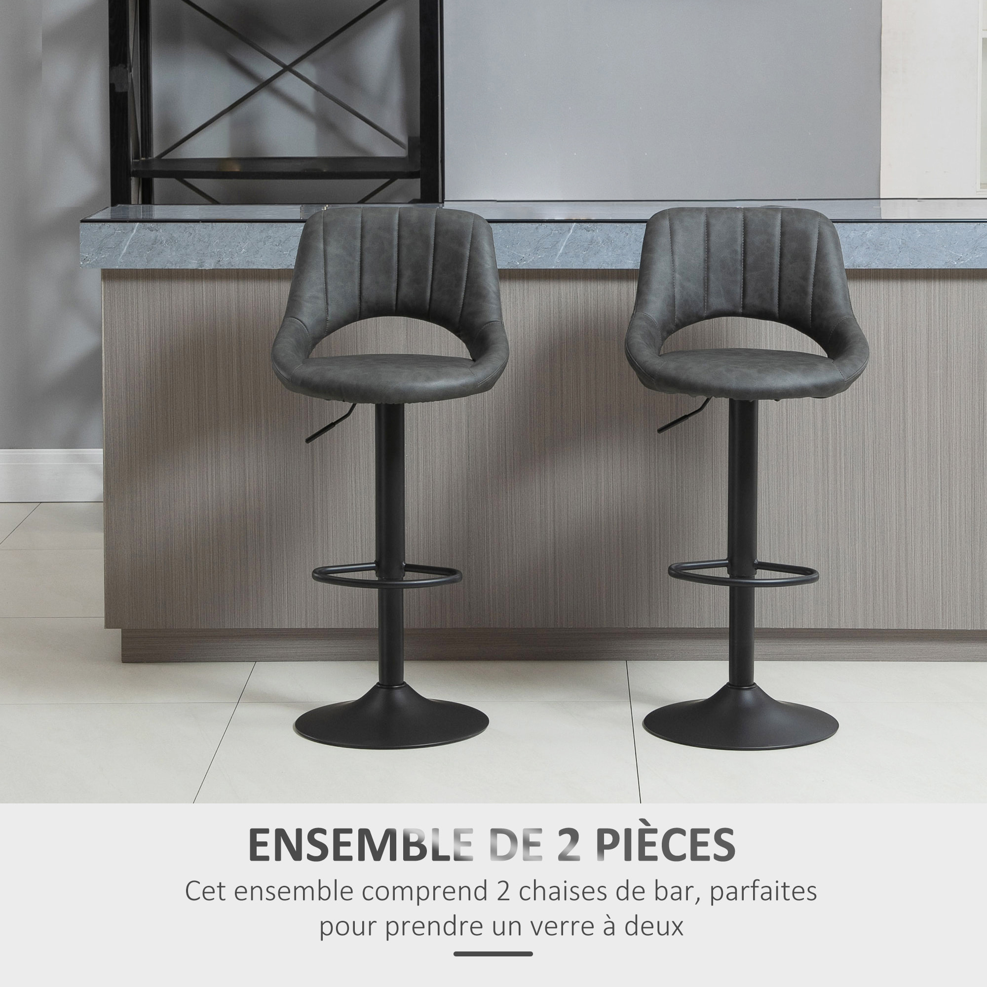 Lot de 2 tabourets de bar design contemporain réglable pivotant - repose-pied - métal PU noir