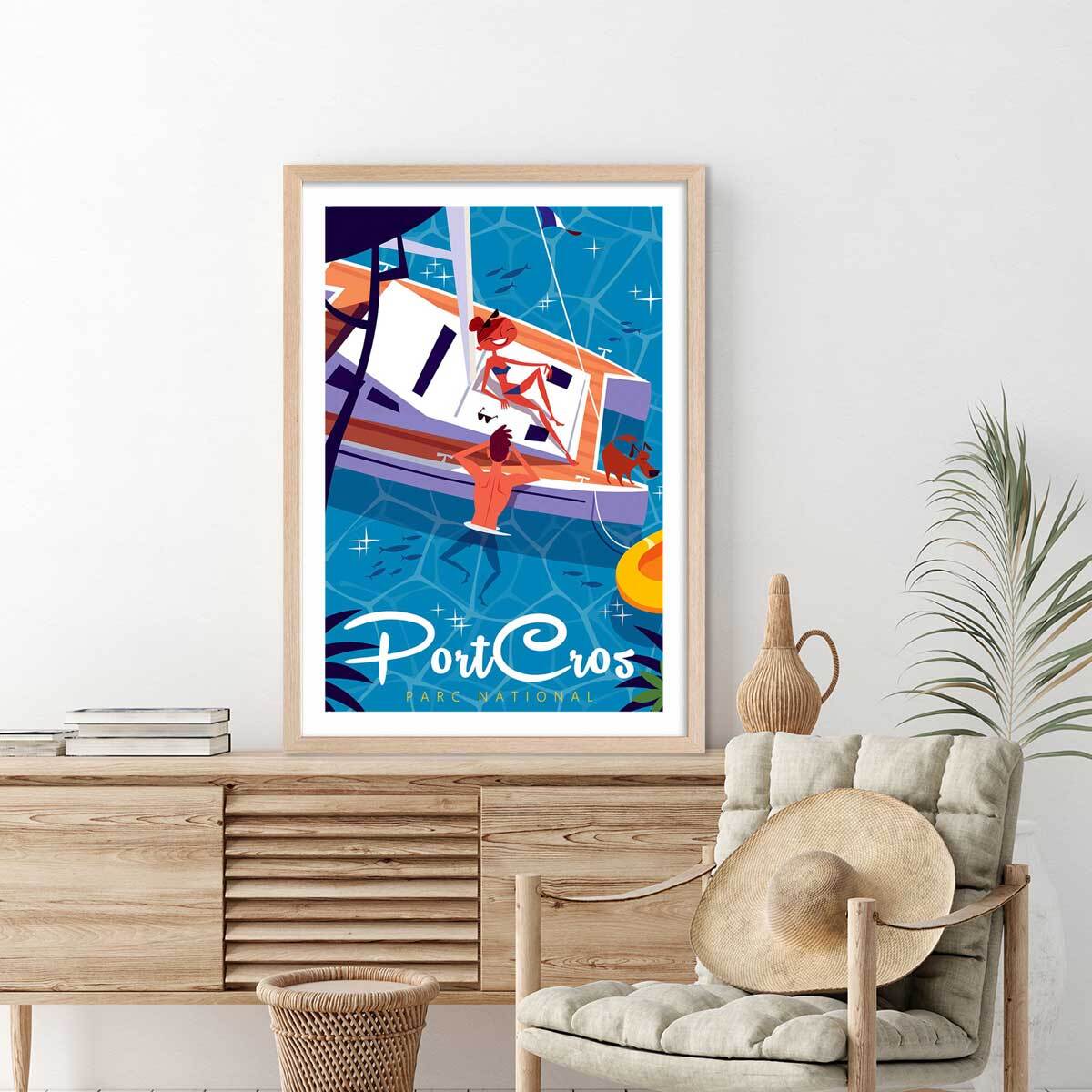 Poster de baignade à port cros Affiche + cadre en bois - Chêne