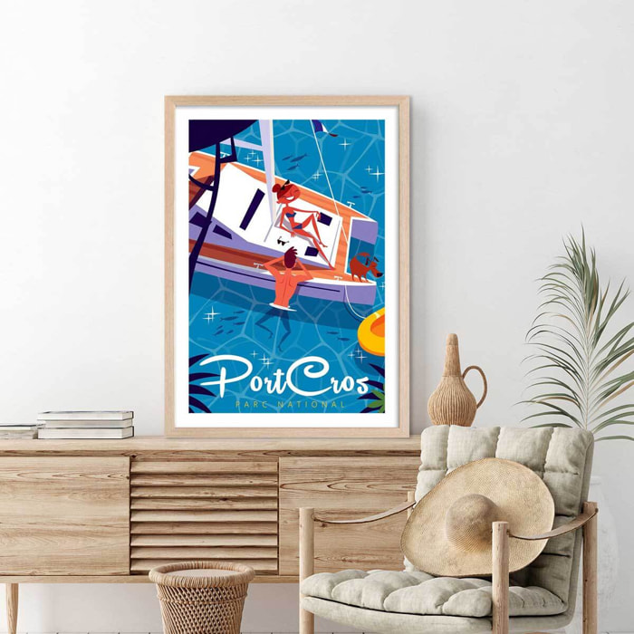 Poster de baignade à port cros Affiche + cadre en bois - Chêne