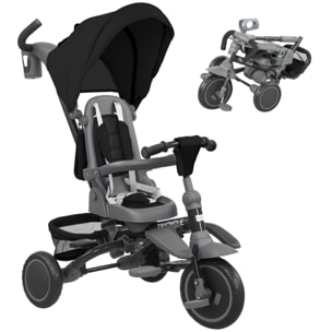 Triciclo Evolutivo 6 en 1, Triciclo para Bebés Plegable, 1-5 Años, Asiento Giratorio de 360°, Mango Parental, Respaldo Reclinable, Toldo, Cinturón de Seguridad, Cesta, Reposapiés, Negro