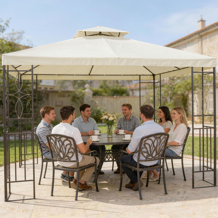de Jardín 4x3 m, Pabellón de Jardín Gazebo con Doble Techo, Marco de Acero, 8 Orificios de Drenaje, UPF30+, Carpa para Exterior, Terraza, Patio, Fiestas, Blanco Crema