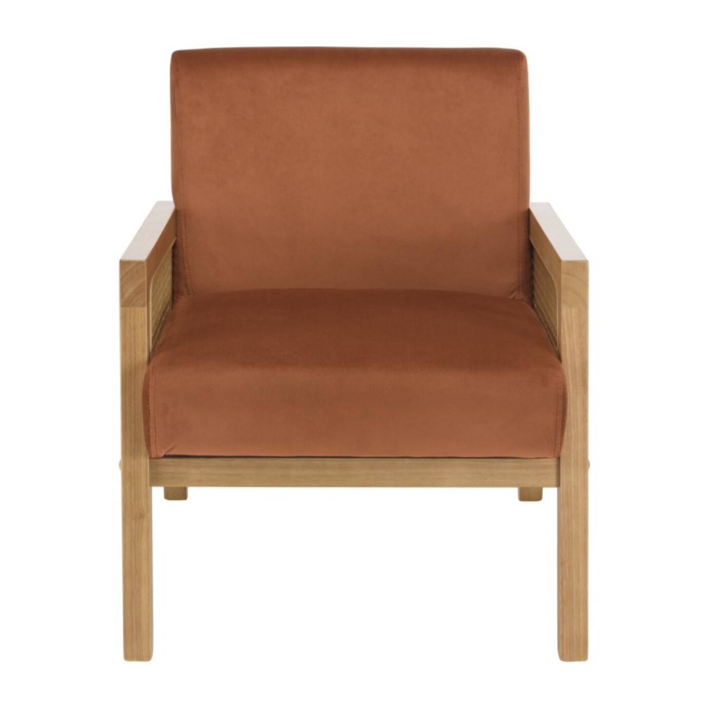 AGATHE - Fauteuil velours orange pieds bois et accoudoirs rotin