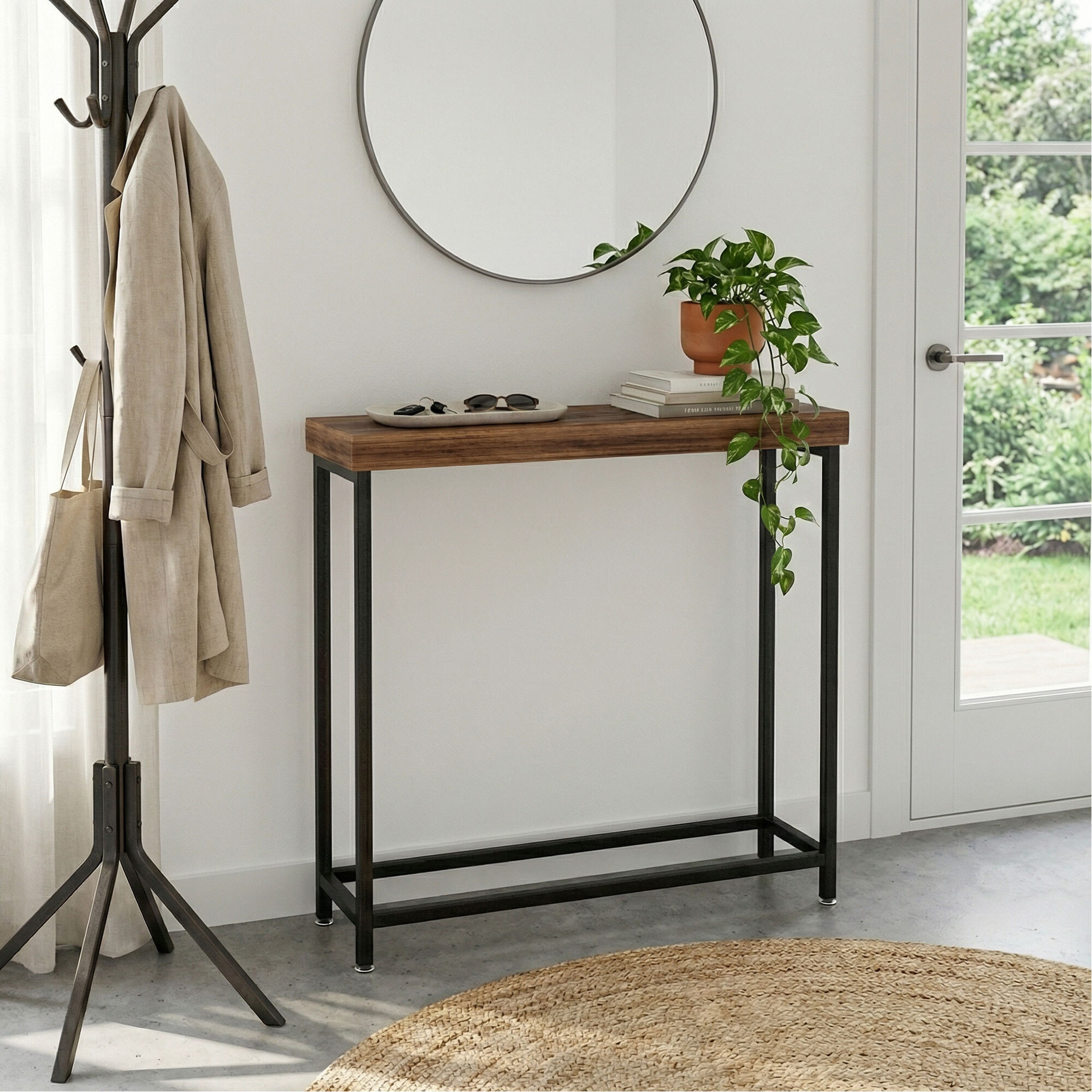 Nikki - Consolle ingresso soggiorno rettangolare 75x75x24 cm stile industrial in metallo e MDF marrone