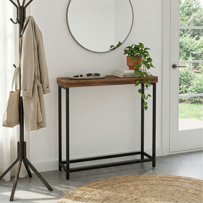 Nikki - Consolle ingresso soggiorno rettangolare 75x75x24 cm stile industrial in metallo e MDF marrone