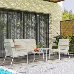 Conjunto de Jardín Exterior 5 Piezas Muebles Jardín Exterior con 1 Sofá de 2 Plazas 2 Sillones y 2 Mesas de Centro con Tablero de Vidrio Templado Cojines Lavables Beige