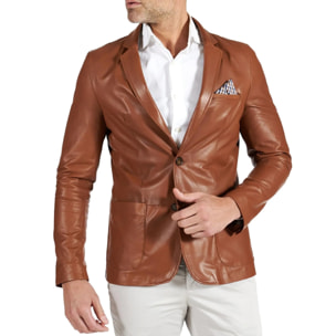 Blazer in pelle naturale cuoio con taschino e fazzoletto